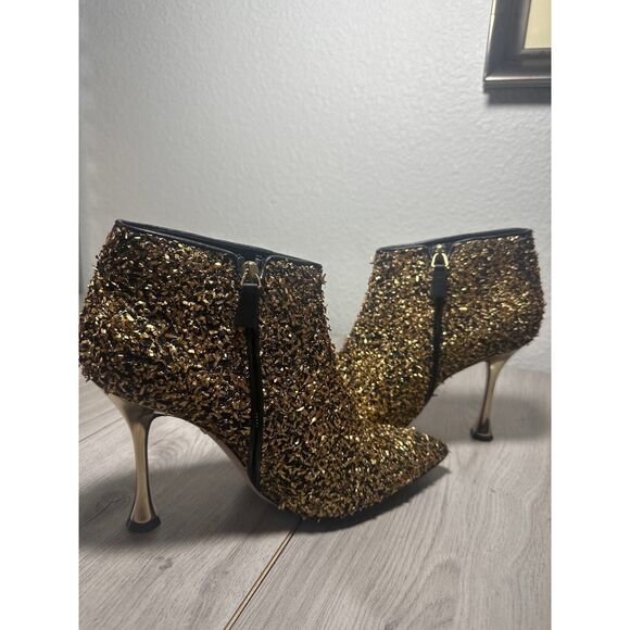 Manolo Blahnik Stiletto Ankle Bootie 39 Pointed Toe Glam Designer Gold Pluta - Picture 13 of 15